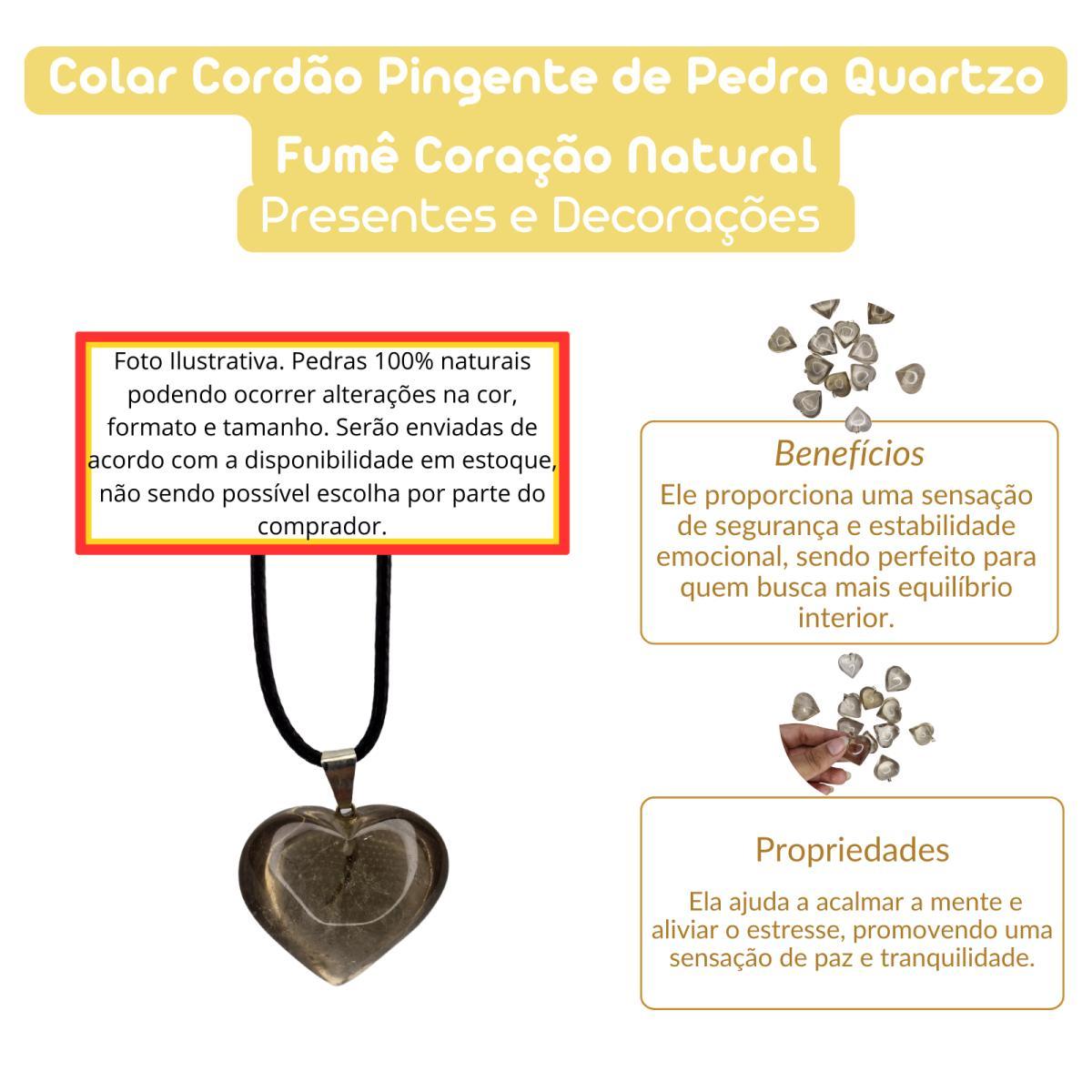 Miniatura Colar Cordão Pingente De Pedra Quartzo Fumê Coração Natural