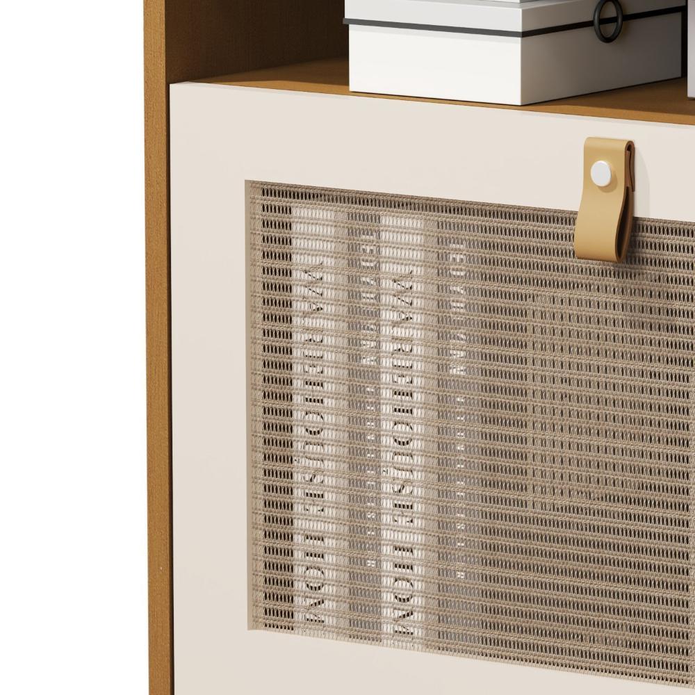 Mesa Cabeceira Jb 2300 com Porta em Rattan e Puxador de Couro Nature/Pérola