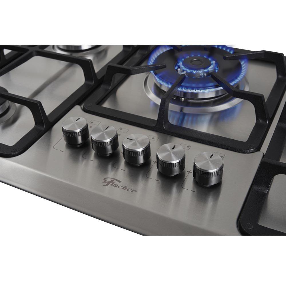 Miniatura Cooktop 5 Bocas Fischer Infinity Trempe De Ferro Tripla Chama à Gás Mesa Inox Bivolt