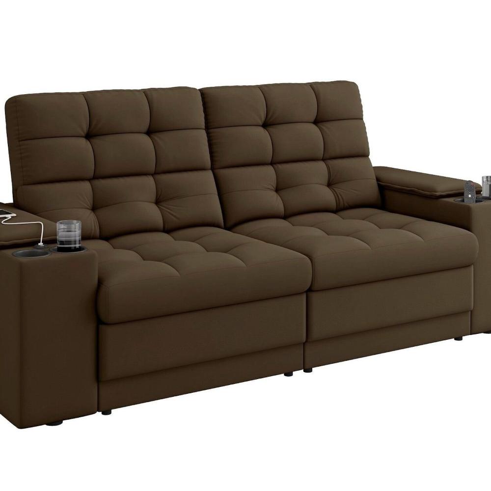 Miniatura Sofá Kansas Vel Copo/usb 205 Cm Retrátil e Reclinável 3 Lugares Marrom