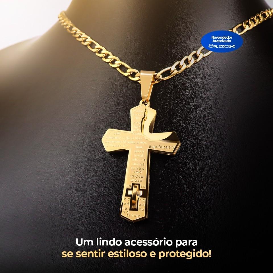 Miniatura Kit Masculino Aço Colar Crucifixo + Pulseira - Di Fiore