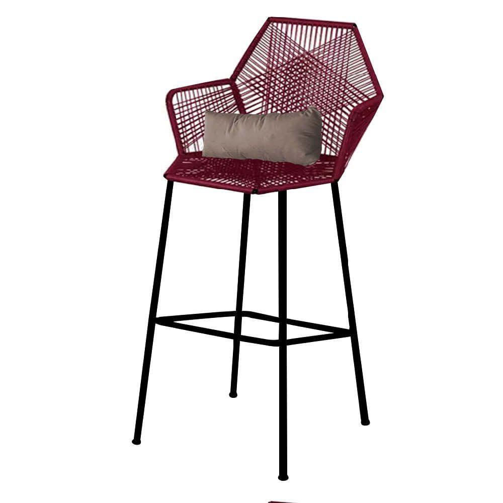 Miniatura Banqueta Alta Com Encosto Ferro Preto Fibra Marsala Almofada Corino Bege