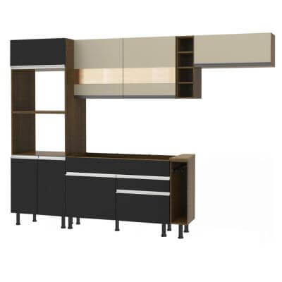 Cozinha Completa Madesa Safira com Armário e Balcão (Sem Tampo,Pia e Rodapé) Rustic/Preto/Crema Cor:Rustic/Preto/Crema