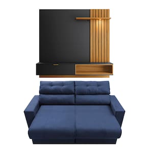 Miniatura Sofá 3 lugares Cama Inbox Clean Retrátil e Reclinável - 190 cm de largura + Painel Home Suspenso Colibri Tocantins 160 cm de Largura - Preto Fosco Sofá Azul