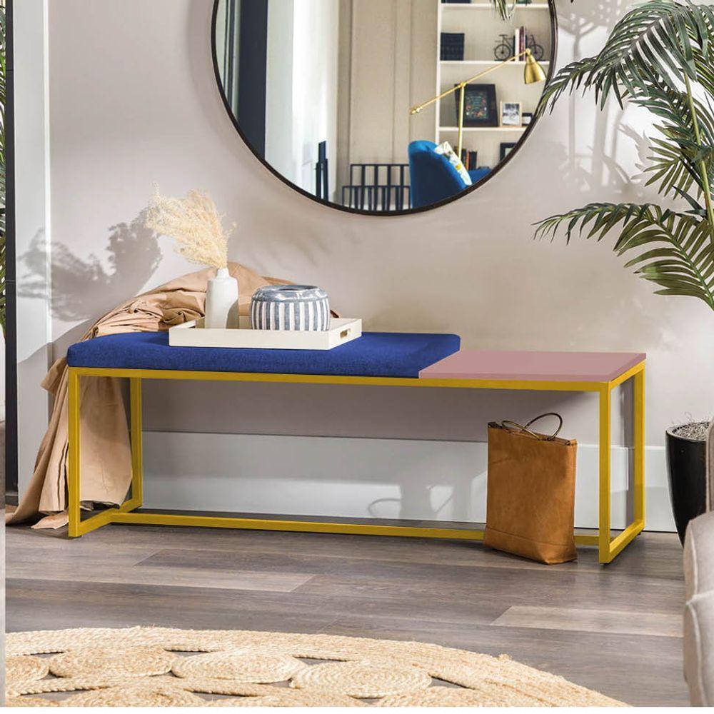 Miniatura Banco Recamier Puff 160cm Industrial Dourado Corino Azul Marinho Tampo Quadrado Mdf Rose
