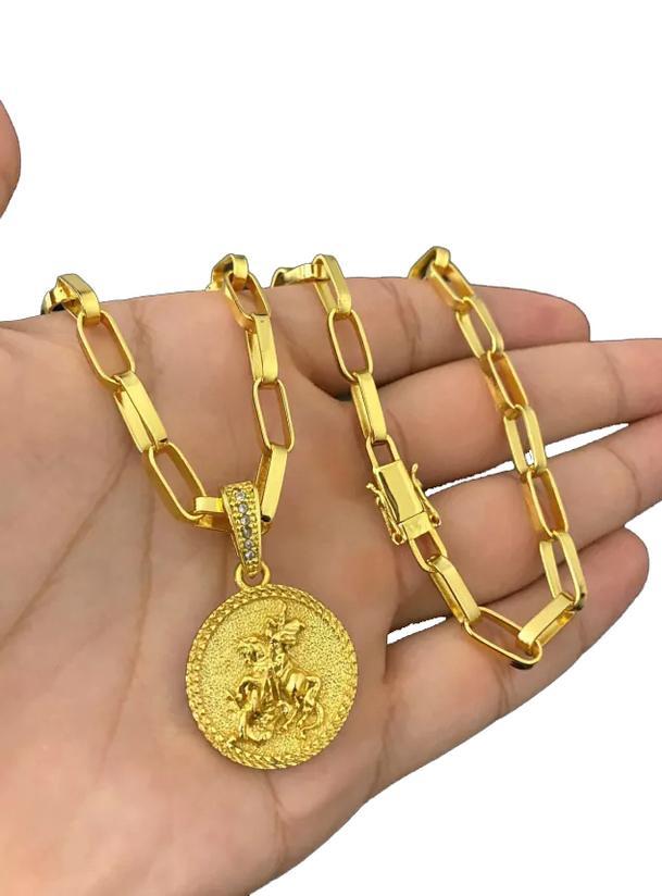 Miniatura Cordão Tijolinho 6Mm Pingente São Jorge - Banhado Ouro 18K