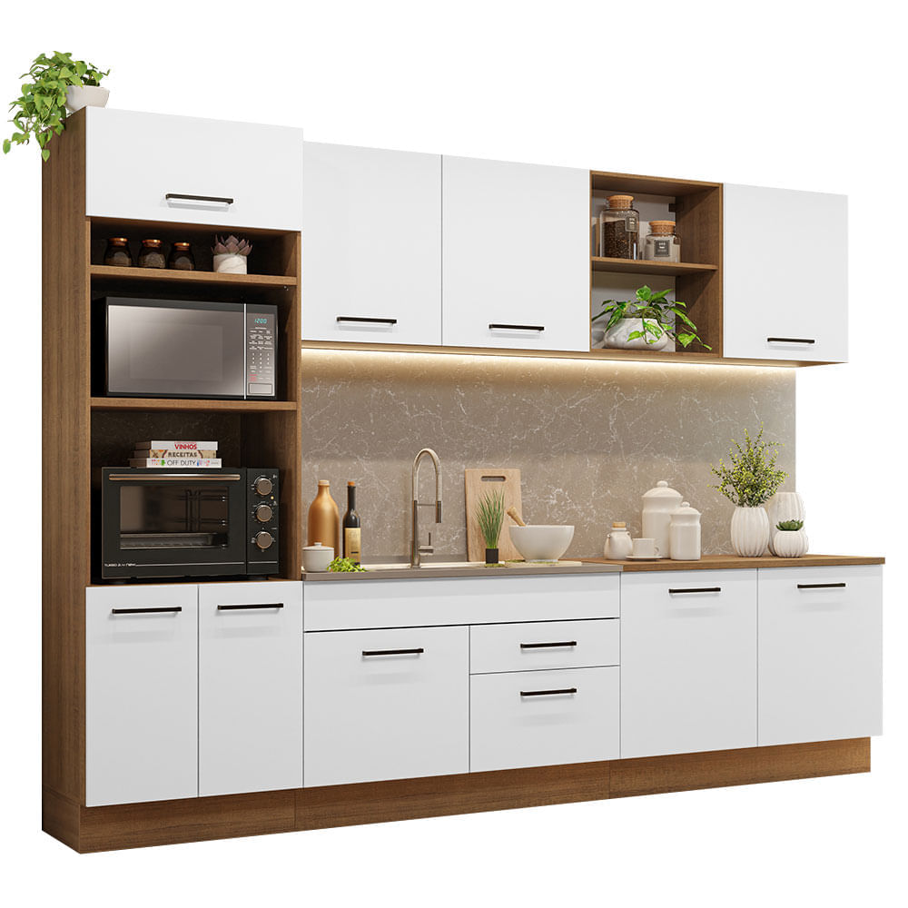 Armário de Cozinha Completa 310cm Rustic/Branco Agata Madesa 02 Cor:Rustic/Branco