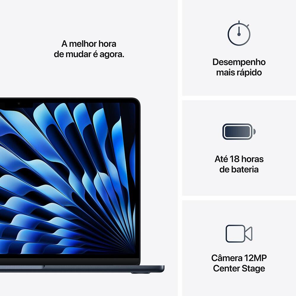 Apple Macbook Air 13", M4, com CPU de 10 núcleos, GPU de 10 núcleos, 16GB RAM, 512GB SSD - Meia-noite