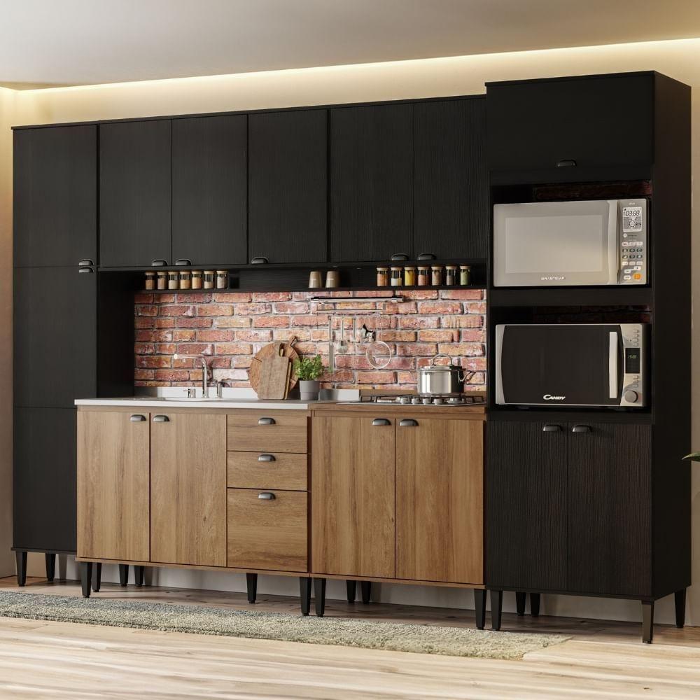 Miniatura Armário De Cozinha Completa C/ Balcão Lótus Look Carraro Freijó Com Preto Touch