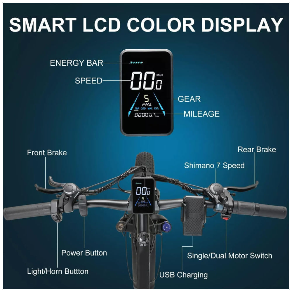 Miniatura Bicicleta Elétrica com Motor Duplo 2000W, Bateria Removível 48V 23Ah UL2849, Quadro em Alumínio 6061, Pneus 26x4”, Suspensão com Trava, Freios
