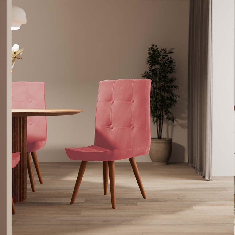 Miniatura Kit 07 Cadeira De Jantar Drop Com Botão Base Pé Palito Imbuia Suede Rose Gold - Amey Decor