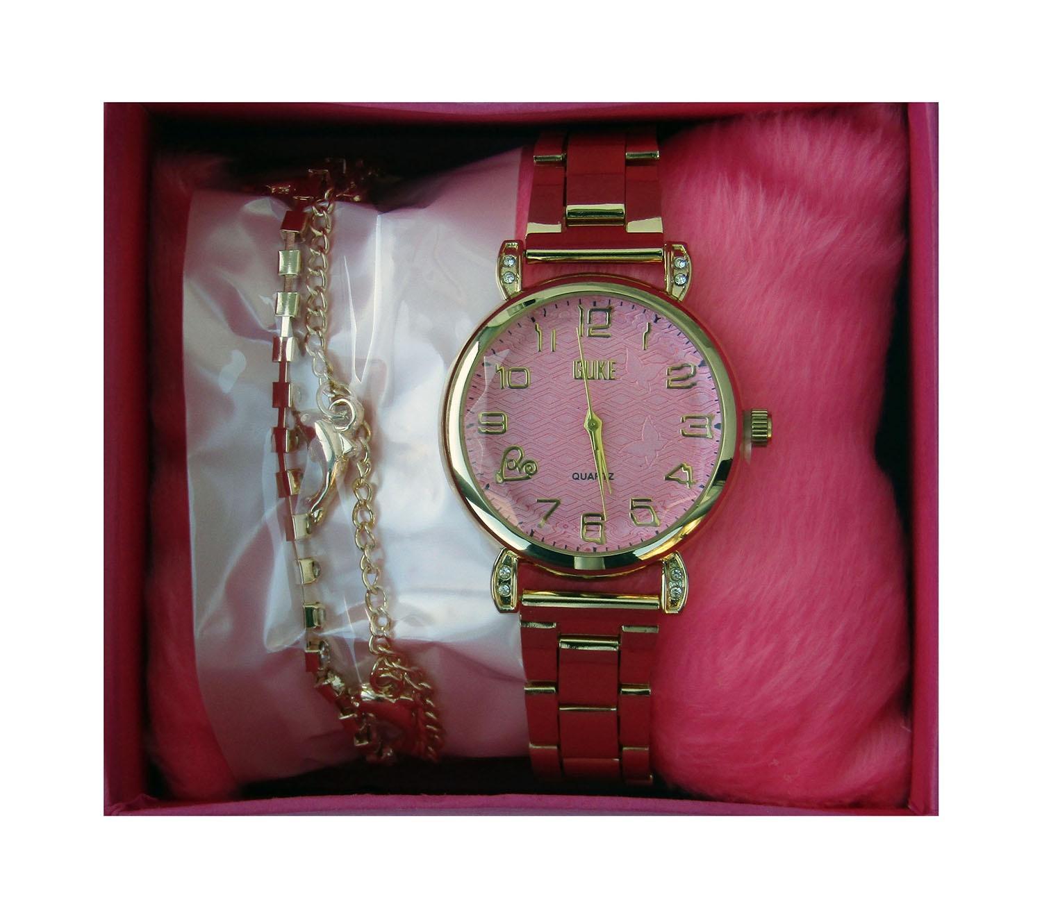 Miniatura Relogio Feminino Fundo Rosa Com Pulseira Dourada