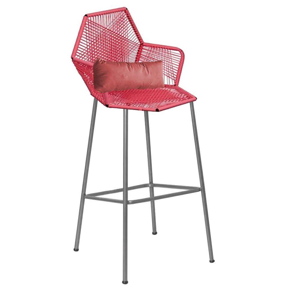 Miniatura Banqueta Alta Com Encosto Sttar Balcão Ferro Prata Fibra Coral Almofada Rose Gold