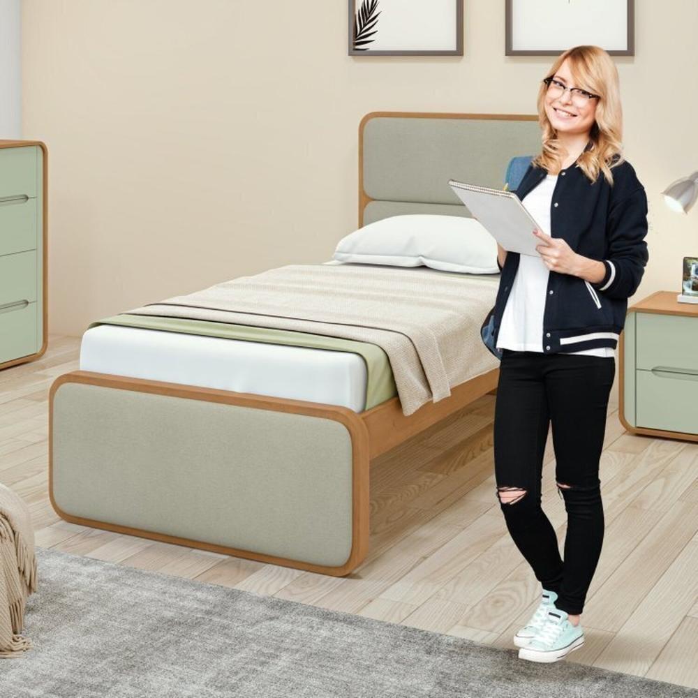 Quarto Infantil com 2 Camas Solteiro Loop Tecido Boucle e Mesa de Cabeceira 2 Gavetas Loop Amendoa Clean/Salvia