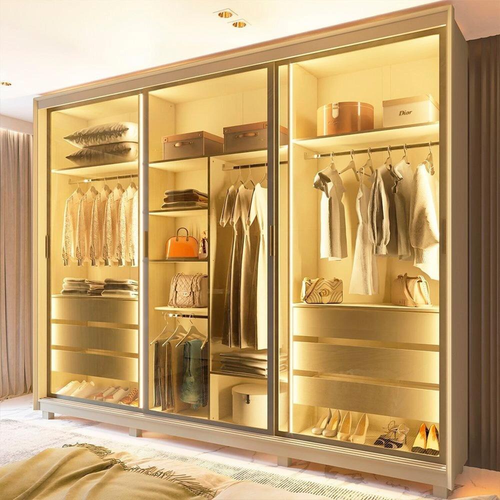 Guarda-roupa Casal 3 Portas Reflecta com Pés e Led 100% Mdf Platinum Off White