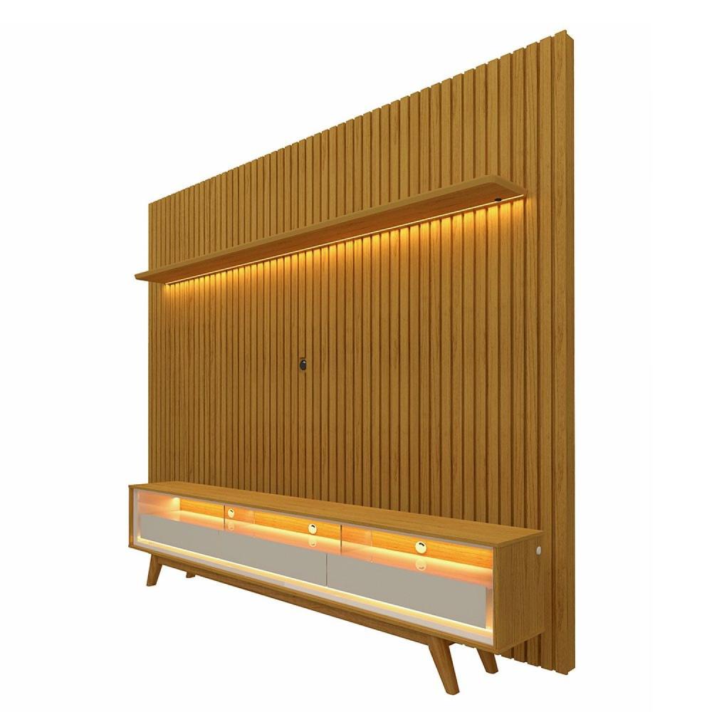 Miniatura Painel Ripado com Rack para TV até 75 Polegadas LED 3 Gavetas 2 Prateleiras com Pés 230cm Nobre Gelius Móveis Naturale
