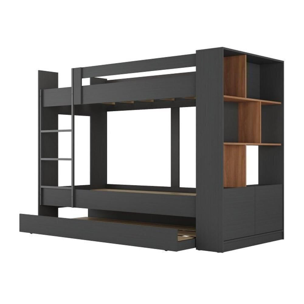 Miniatura Quarto Juvenil Completo com Beliche e Guarda Roupa Nápoles Espresso Móveis Grafite/Nogal
