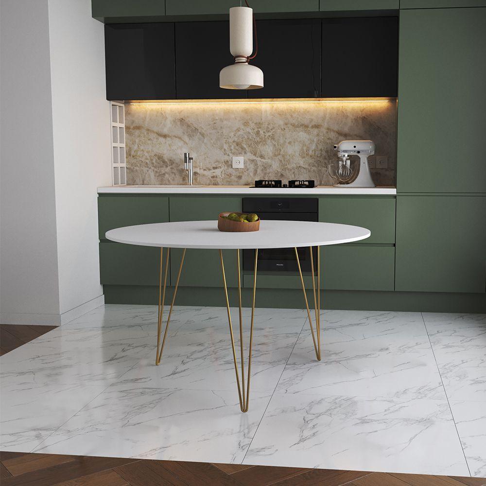 Miniatura Mesa De Jantar Redonda 110Cm Branca Clips 3 Pés Base Dourado