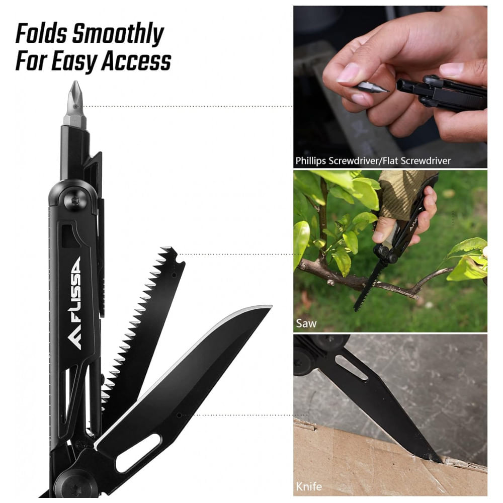 Miniatura Alicate Multifuncional 16 em 1, Aço Inoxidável com Estojo de Nylon, Flissa, Preto
