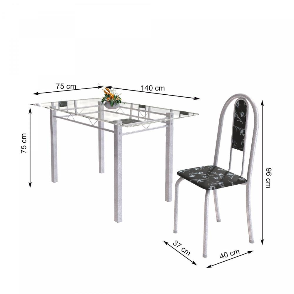 Miniatura Conjunto de Mesa Tubular 6 Cadeiras 140cm com Tampo de Vidro Iris Soma Móveis Preto Floral/Pérola