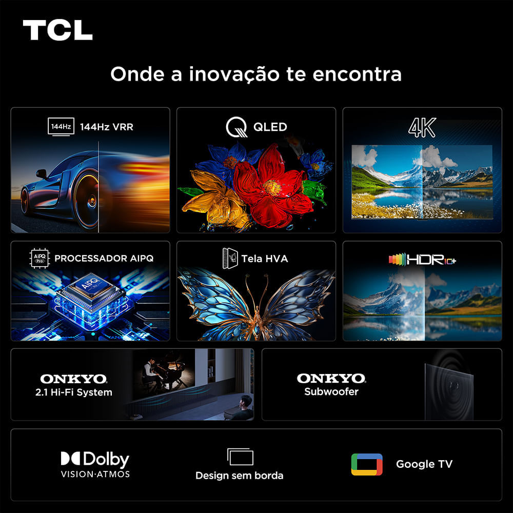 Smart TV TCL 4K QLED 55" Polegadas com Google Assistente, Dolby Atmos e Design Sem Bordas - 55P8K Bivolt