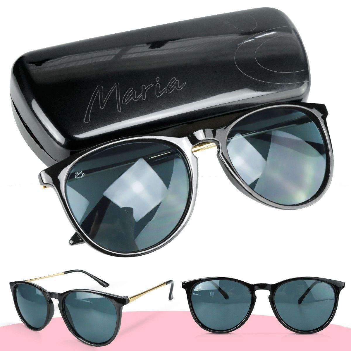 Miniatura Oculos Sol Feminino Preto Redondo Protecao Uv Acetato + Case