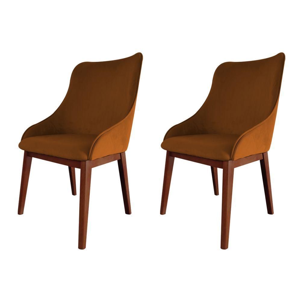 Miniatura Kit 2 Cadeiras De Jantar Estofada Veludo Terracota Base Madeira Maciça Imbuia Laranja