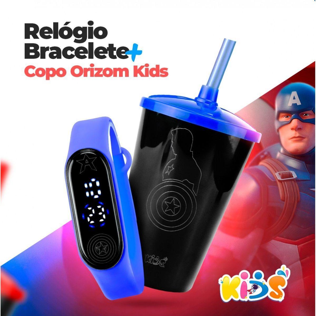 Relogio Digital Prova Dagua Infantil + Copo Capitao America