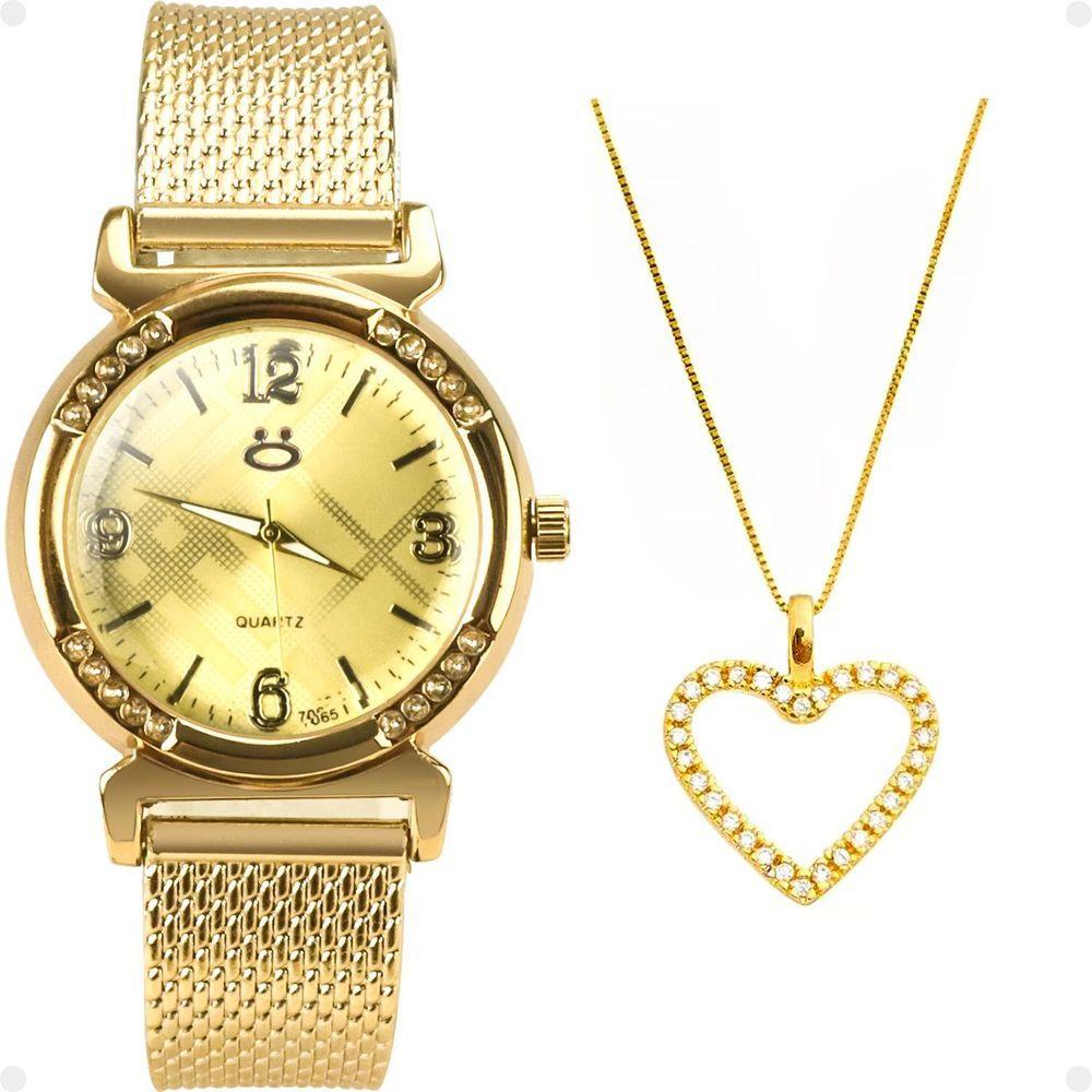 Relogio Feminino Dourado Aço + Colar Mãe Coração + Caixa Social Moda Casual Presente Silicone Strass