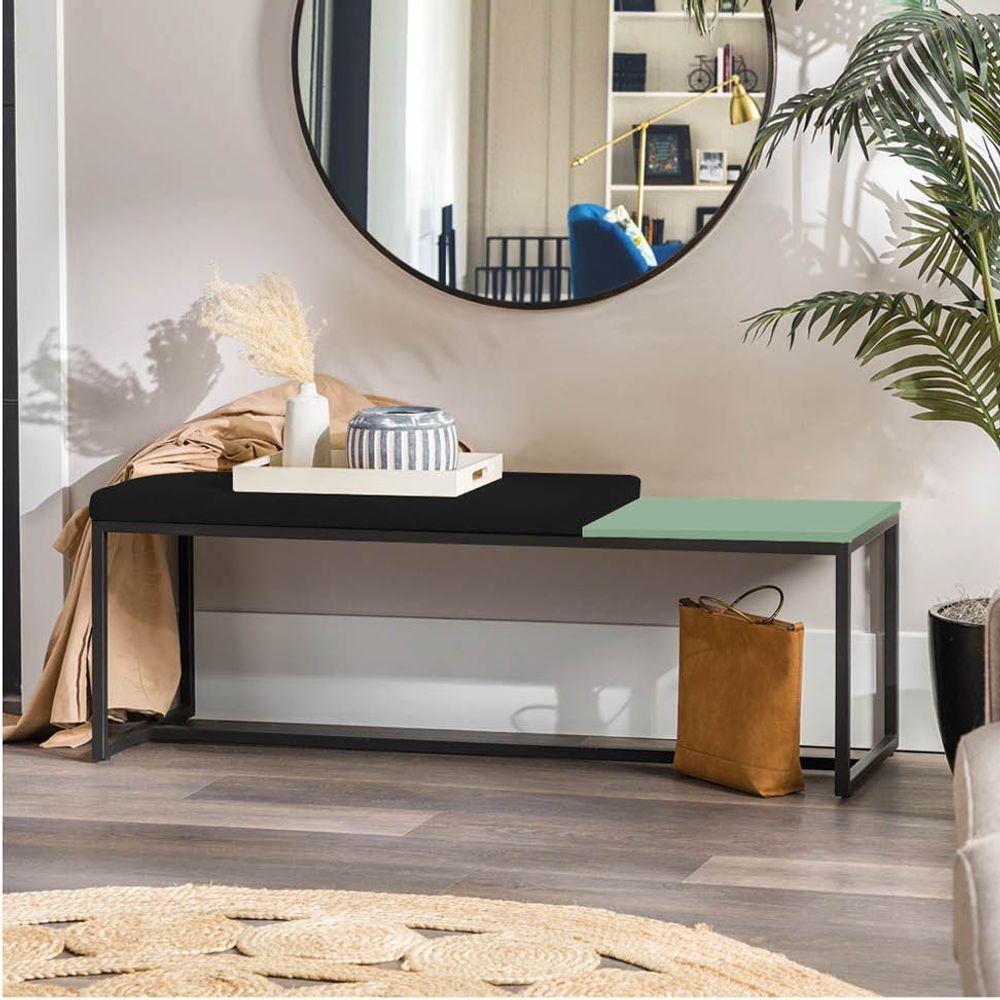 Miniatura Banco Recamier Puff 195cm Industrial Preto Corino Preto Tampo Quadrado Mdf Verde