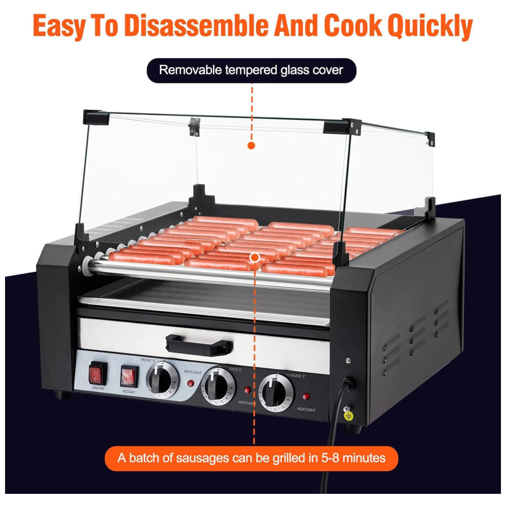 Máquina de Cachorro Quente até 30 Salsichas com Tampa de Vidro, Controle de Temperatura Duplo e Bandeja de Gotejamento, 110V 950W, Litake, Preta 110v