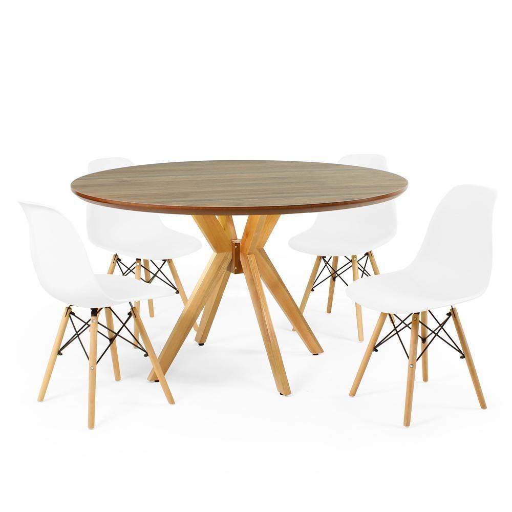 Miniatura Conjunto Mesa De Jantar Redonda Marci Premium Natural 120cm Com 4 Cadeiras Eames Eiffel - Branco