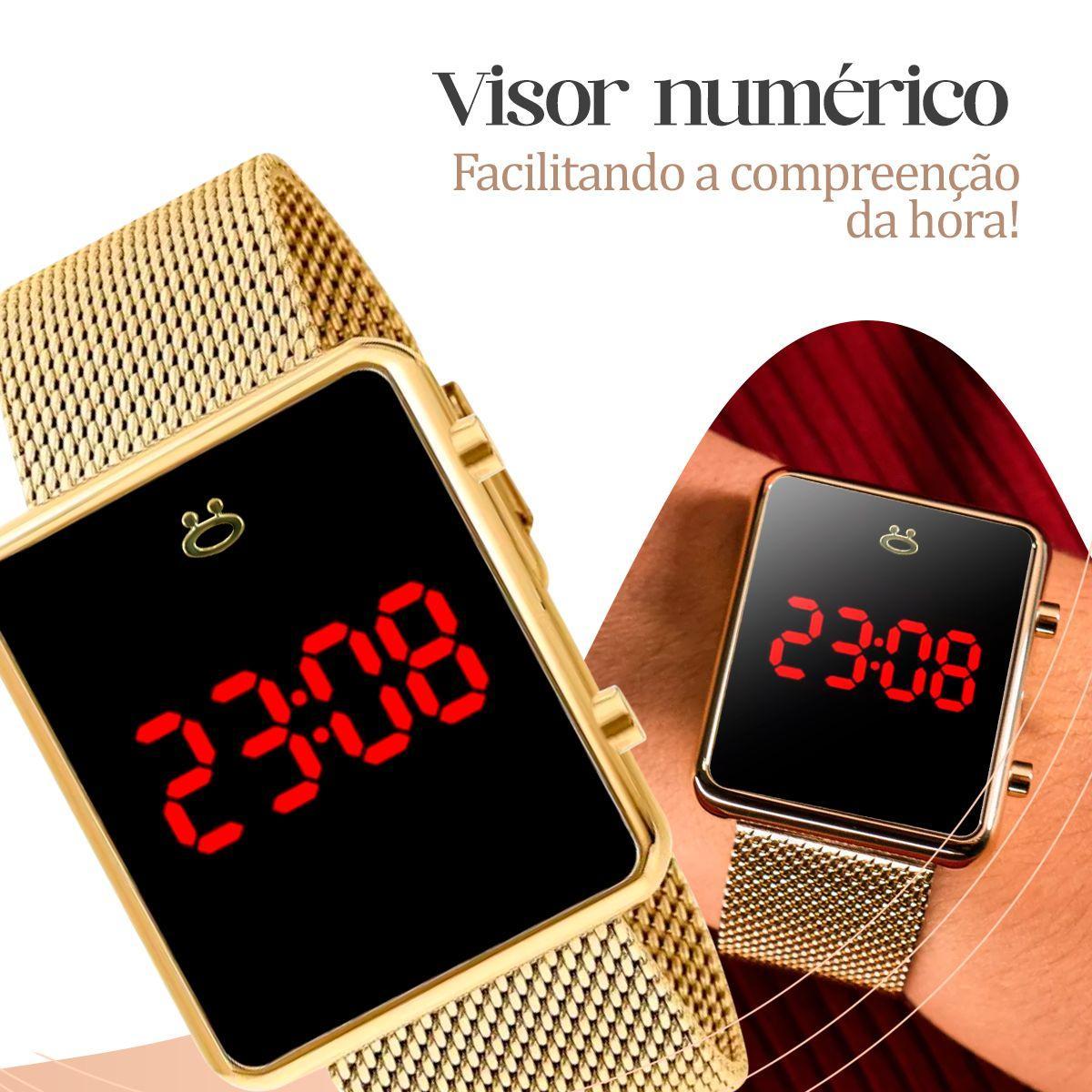 Miniatura Relógio Digital Feminino Banhado A Ouro + Colar + Brincos +