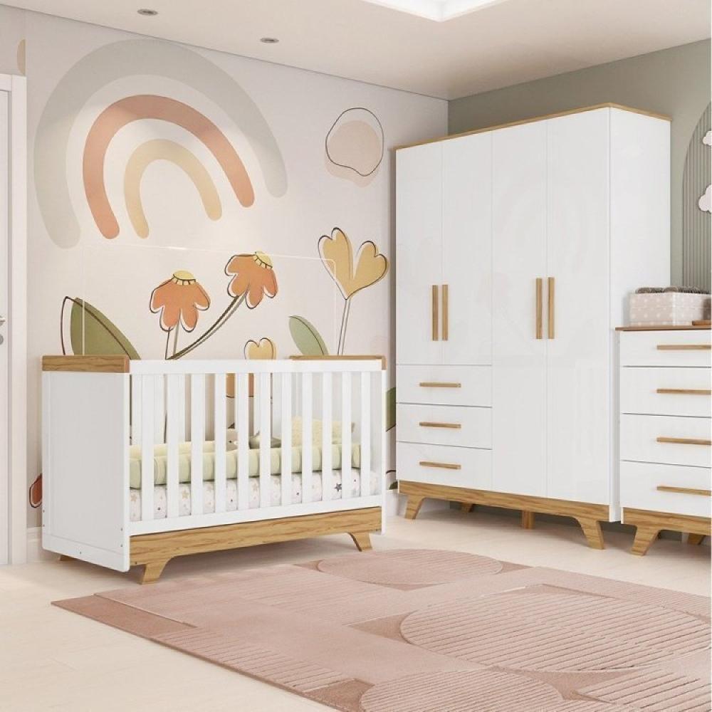 Miniatura Conjunto Quarto de Bebê com Guarda Roupa e Berço Kakau Retrô Espresso Móveis Branco Brilho/Amêndoa