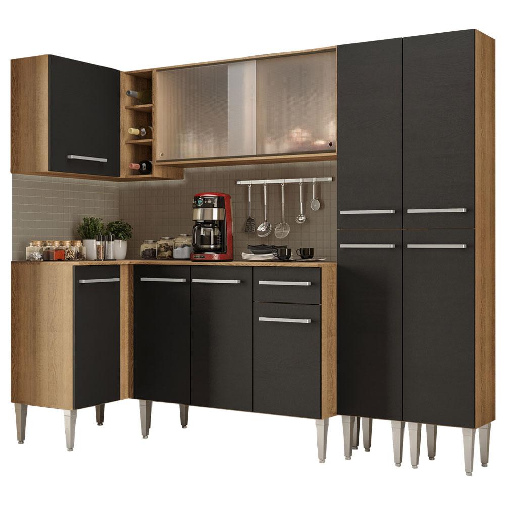 Cozinha Completa de Canto Madesa Emilly Self com Balcão, Armário de Vidro e Paneleiro Rustic/Preto