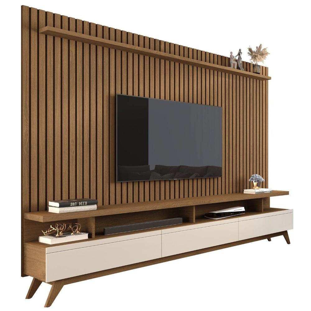 Miniatura Rack com Painel para Tv 86 Polegadas Pés em Madeira Maciça Vivare Freijó/Off White