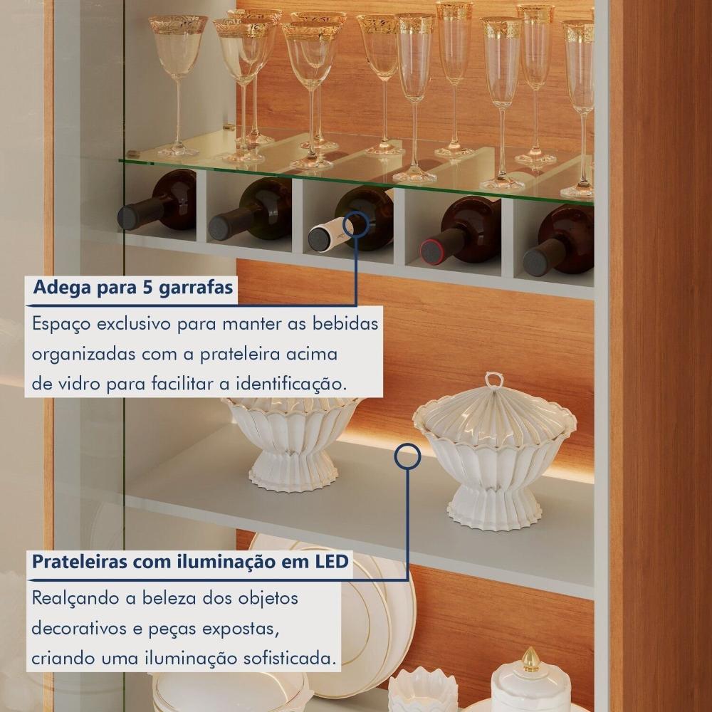 Cristaleira com Adega e Iluminação Led com Pés em Madeira Maciça e 1 Gaveta Prime Naturalle/Off White