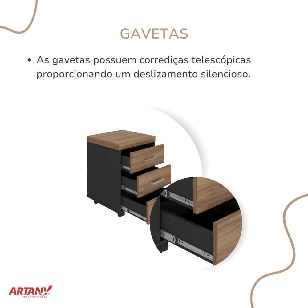 Gaveteiro Executivo 3 Gavetas com Rodinhas e Chave para Escritório Nogal/Preto