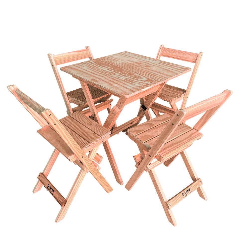Conjunto Mesa Dobrável 70x70 Com 4 Cadeiras Em Madeira Maciça - Cru - Bege