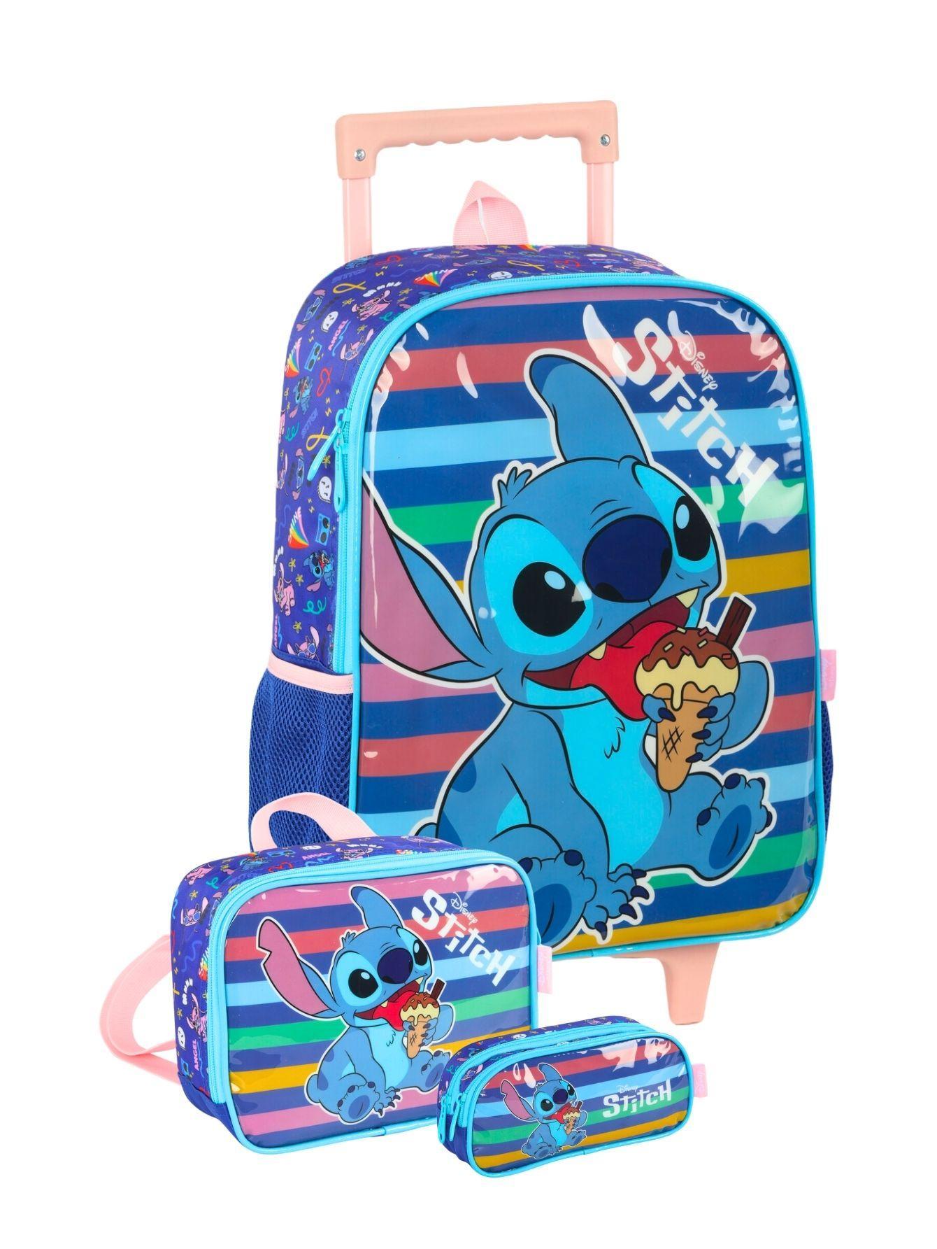 Miniatura Kit Lilo Stitch Mochila Rodas Costas Lancheira Estojo - Azul