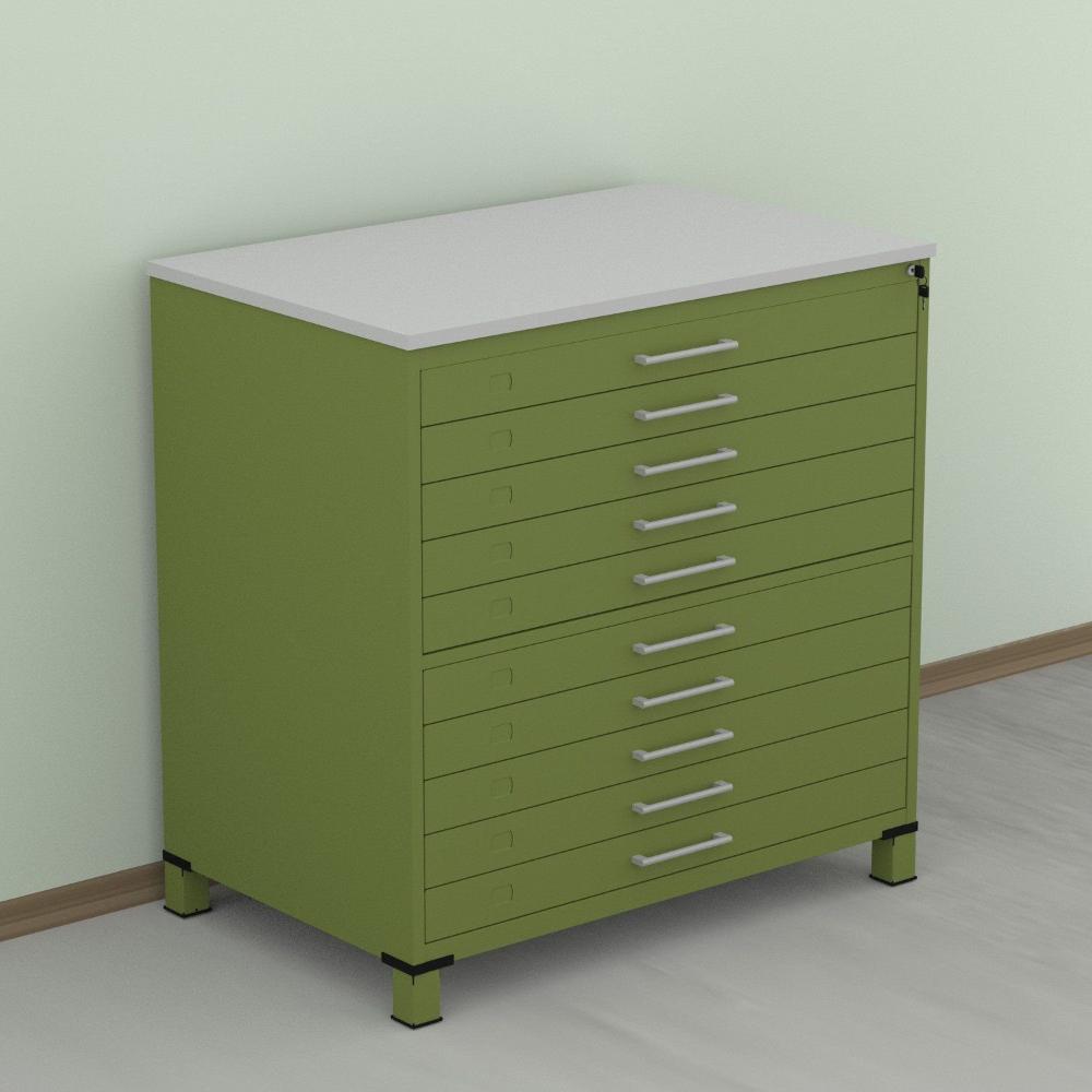 Miniatura Gaveteiro Mapoteca para Escritório de Aço Fixa com 10 Gavetas Industrial Verde/Cinza
