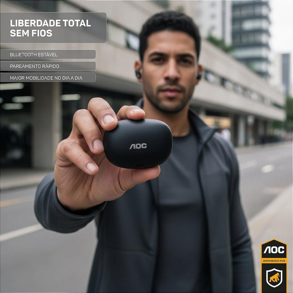 Miniatura Fone Bluetooth 5.3 Sem Fio Ergonômico, Alcance até 10m e Microfone Integrado - Preto - AOC