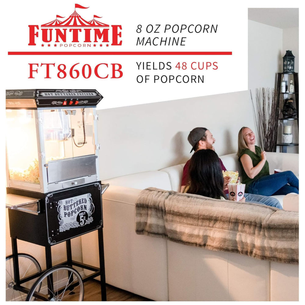 Carrinho de Pipoca Vintage Profissional com Panela de 236 mL e Iluminação, 110V, Funtime FT860CB, Preto