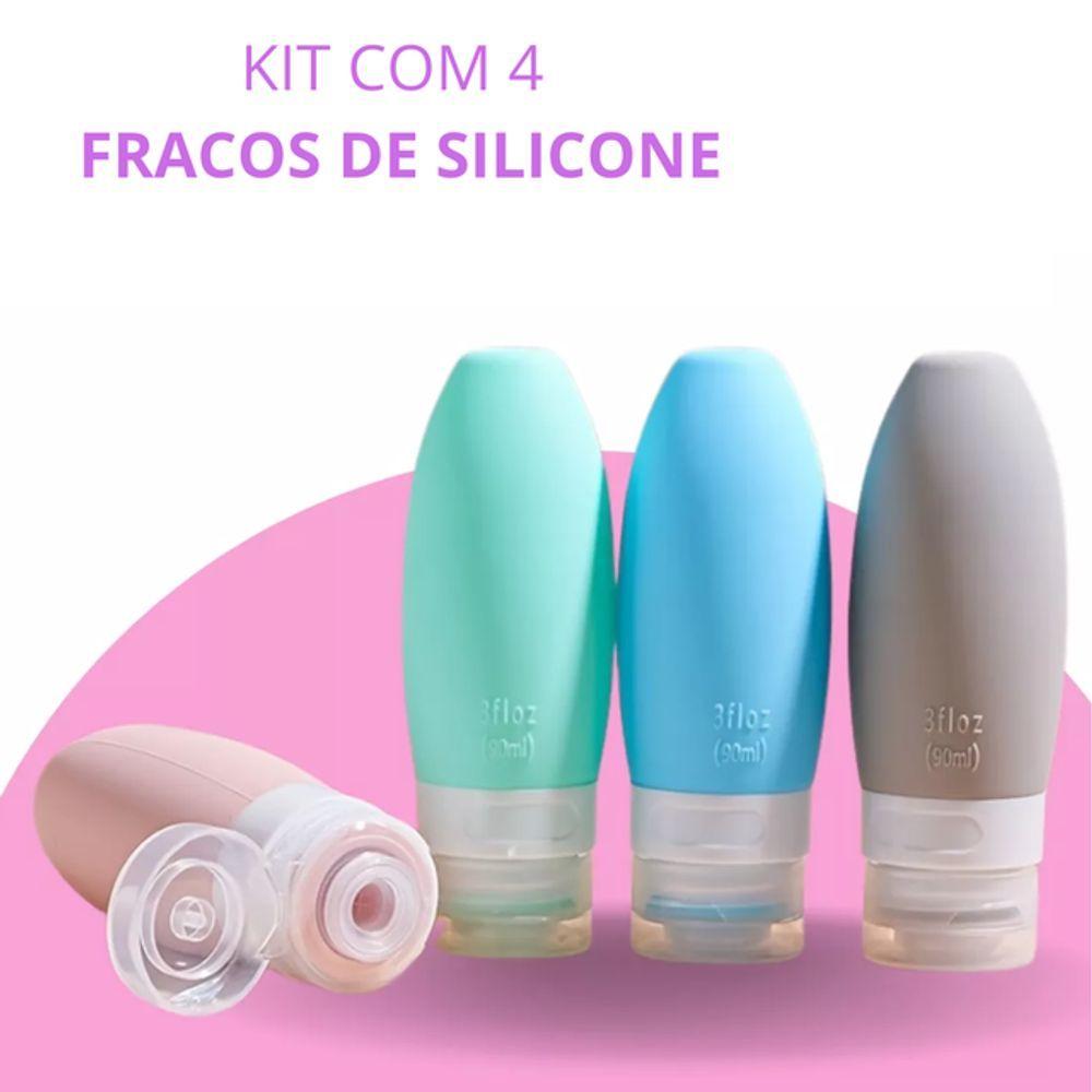 Miniatura Kit Viagem 4 Frascos Silicone Porta Creme Shampoo Condicionador 90ml