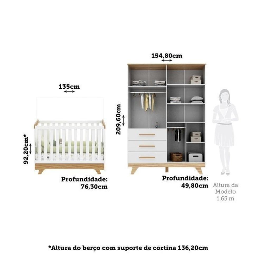 Miniatura Conjunto Quarto de Bebê com Guarda Roupa e Berço Kakau Retrô Espresso Móveis Branco Brilho/Amêndoa