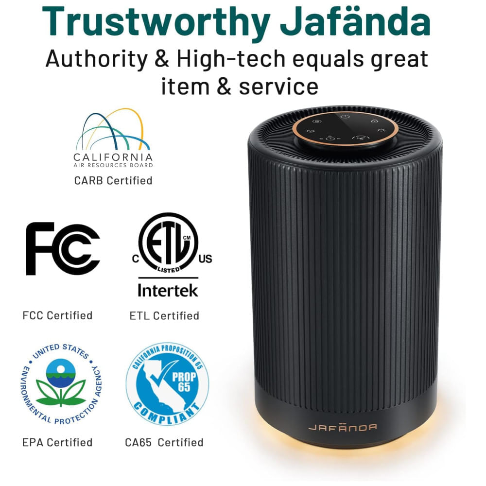 Purificador de Ar Portátil, para Ambientes até 40m² com Filtro H13 HEPA, Luz Noturna e 3 Velocidades, 110V 10W, Jafnda JF100, Preto 110v