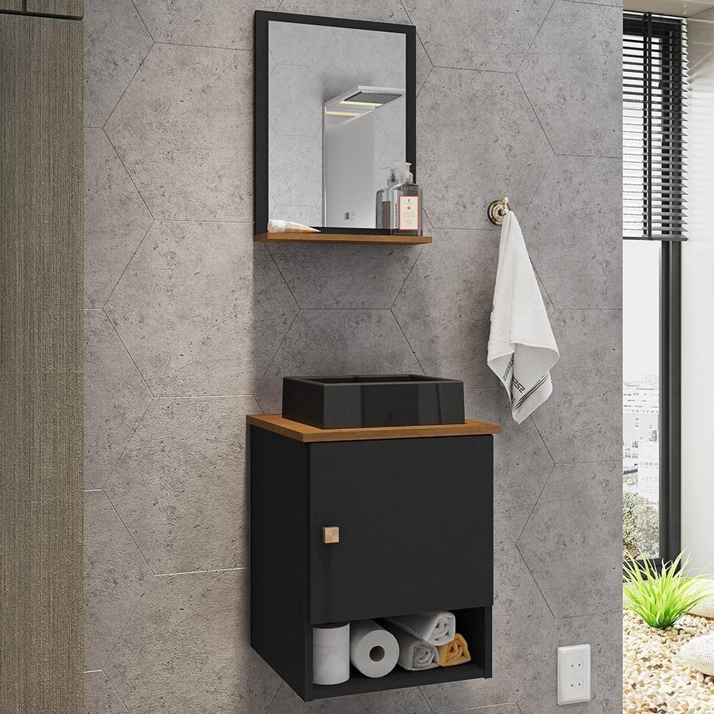 Gabinete Arm Banheiro Lima 1 Porta Com Cuba Tulipa Preta Preto Fosco/nature Preto Fosco/nature