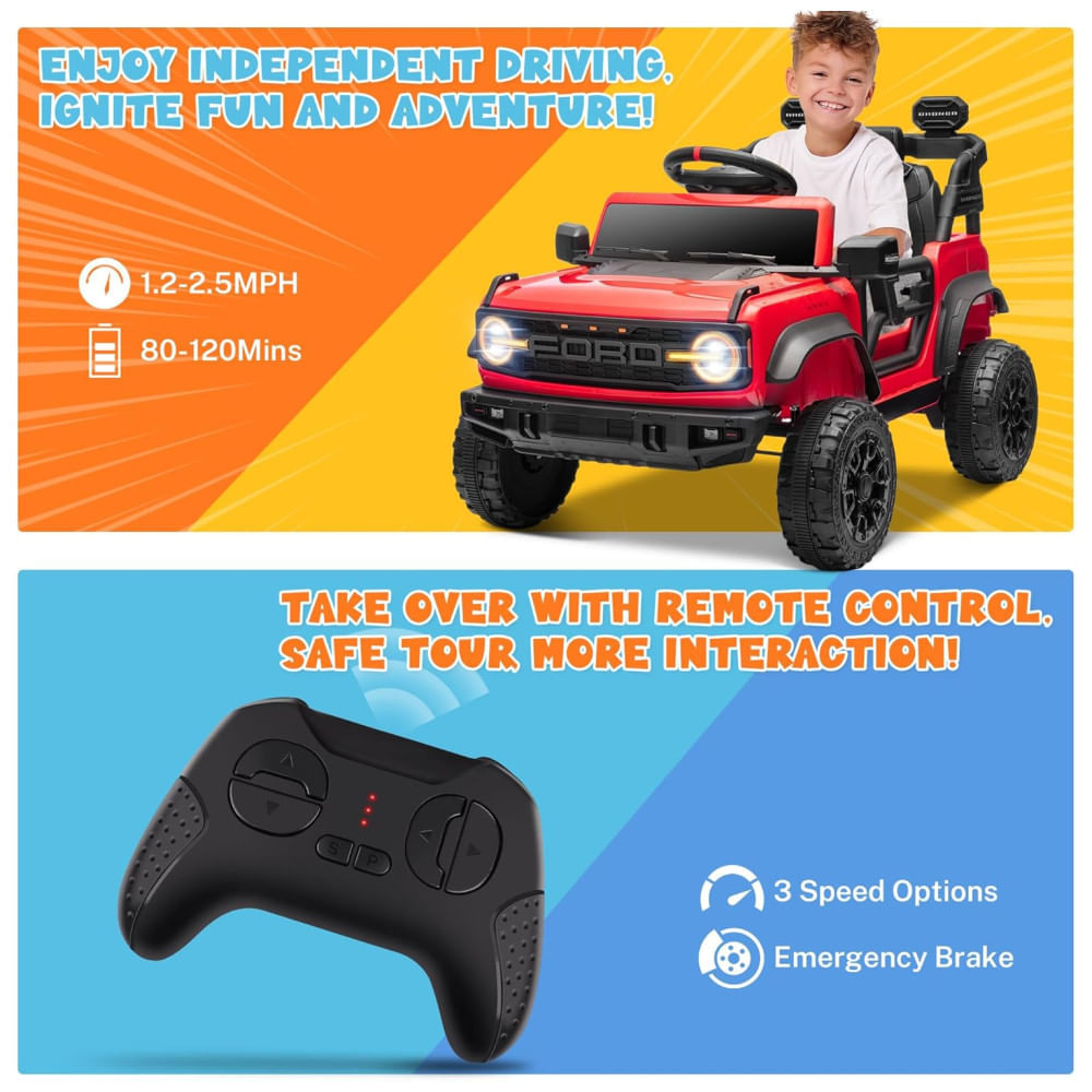 Carro Elétrico Infantil 12V, Ford Bronco Raptor com Controle Remoto para Pais, Suspensão nas 4 Rodas, Música via Bluetooth e Luzes LED, Seizeen, 110v