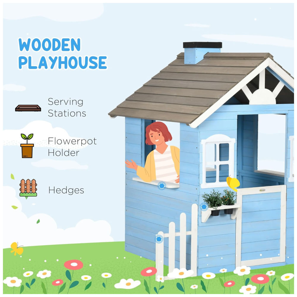 Miniatura Casinha Infantil de Madeira para Área Externa Estilo Country com Porta, Janelas, Posto de Serviço e Vasos de Flores para Crianças de 3 a 7 Anos, 110v