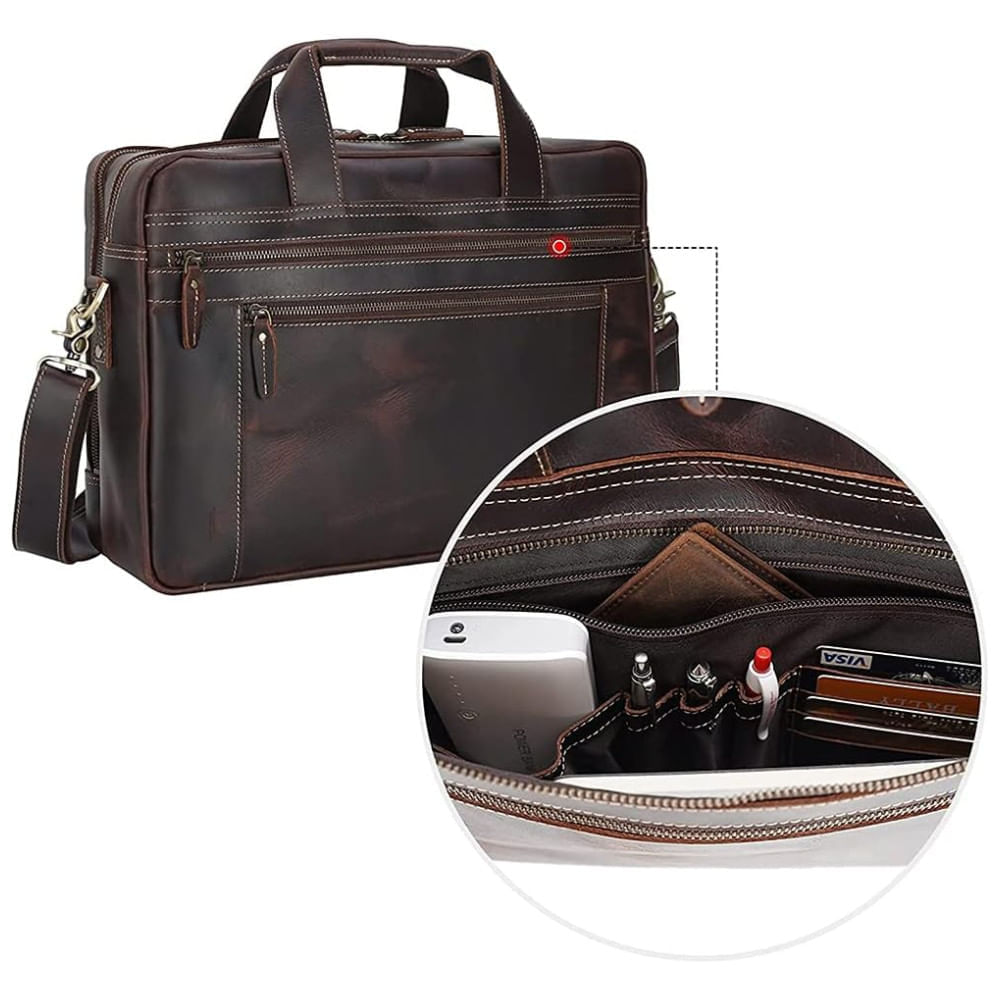 Miniatura Bolsa Carteiro Masculina de Couro Bovino para Laptop com 17 Polegadas, TIDING, Marrom 110v